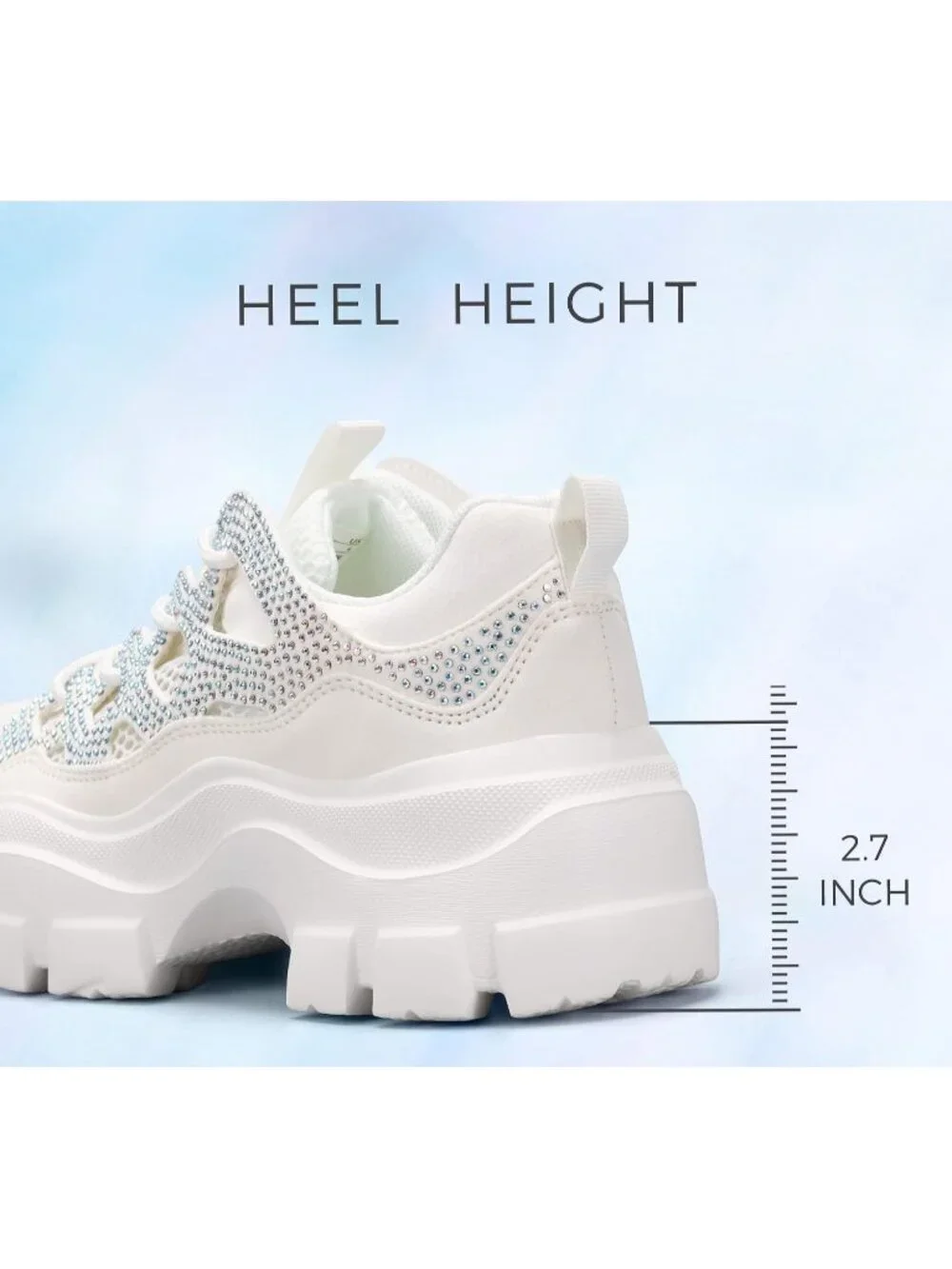 Women's White Rhinestone Lace-Up Color Block Chunky Platform Walking Sneakers